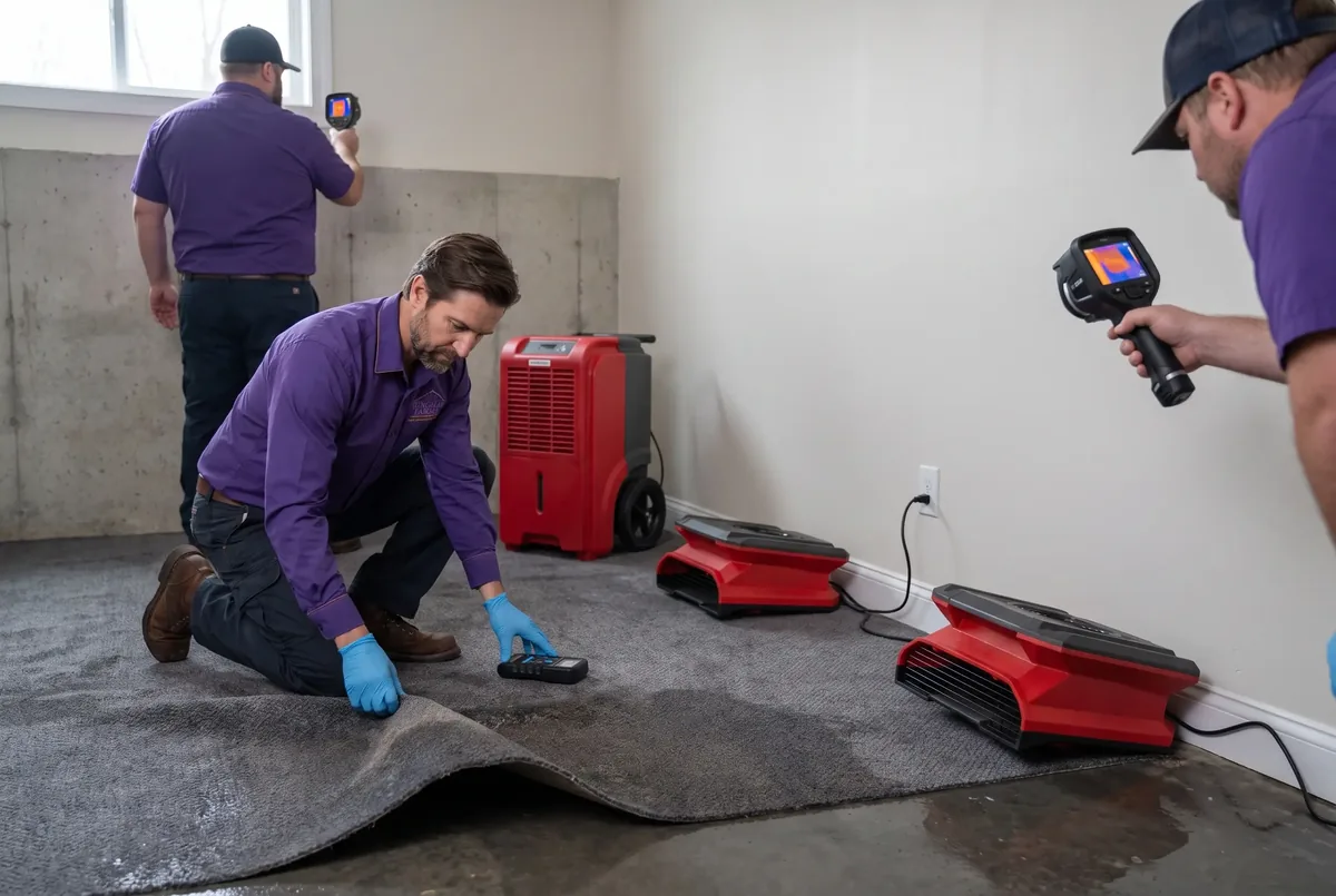 Technician lifting wet carpet in a basement room beside a dehumidifier