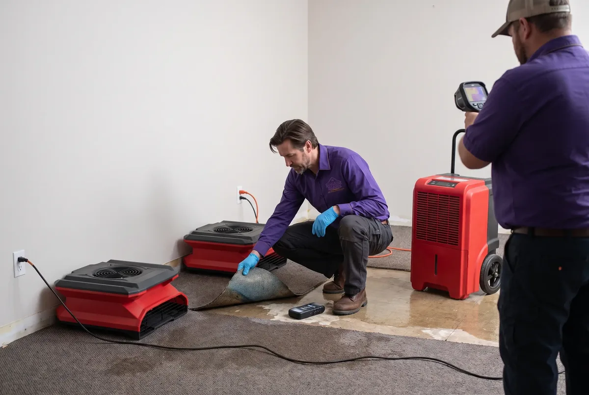Technician lifting a corner of wet carpet near air movers and a dehumidifier