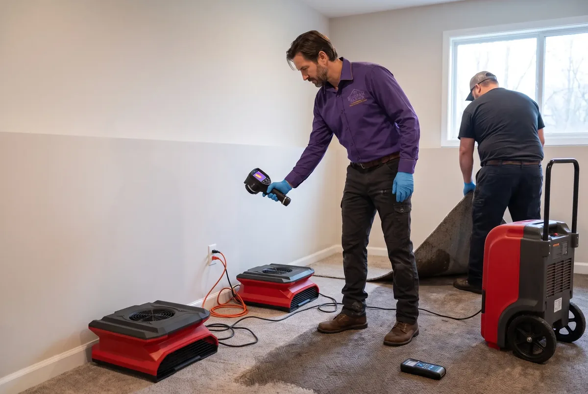 Technician scanning a wall with a thermal camera while a second technician lifts carpet